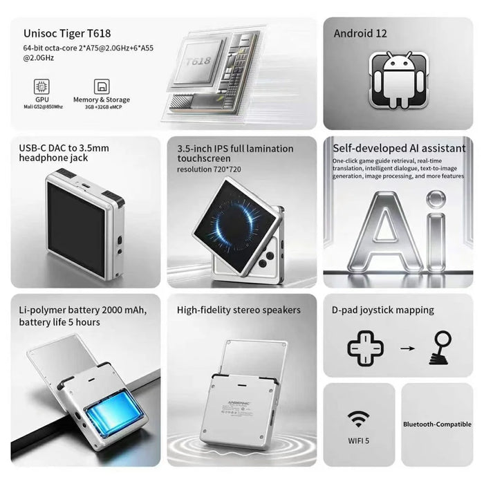 ANBERNIC RG Rotate Handheld Game Console 3.5 Inch IPS Touchscreen Aluminum Alloy Rotatable Screen Android 12 Gaming Device - Silver - 7