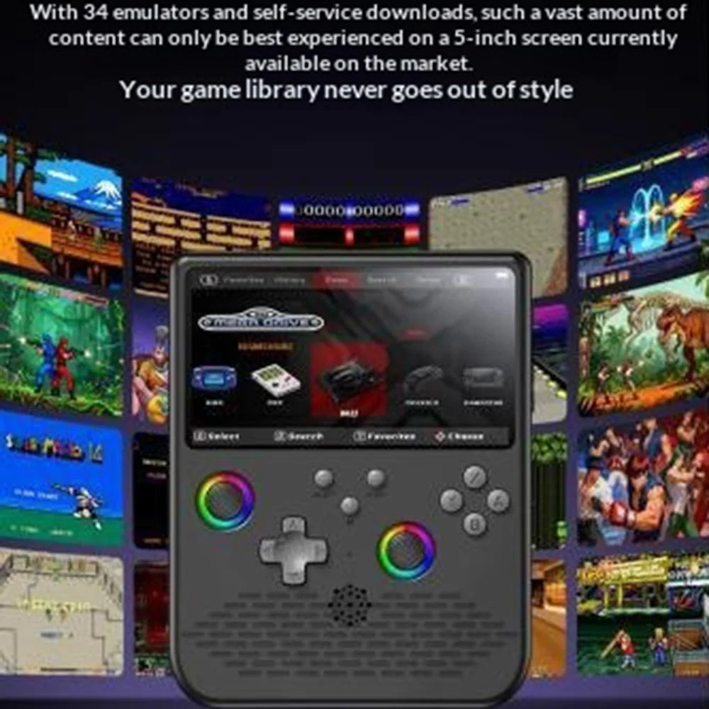 H5 Handheld Gaming Console 64G 5 inch IPS Screen RGB Lights 34 Emulators GBA Arcade - Black - 5