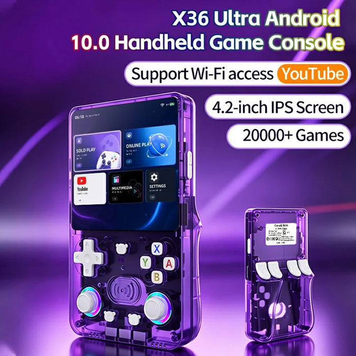 X36 Ultra Handheld Game Console Android 10.0 4.2 inch IPS 1GB+8GB RGB Joystick Retro Video Game Player for YouTube TikTok Gaming - Transparent Purple - 5