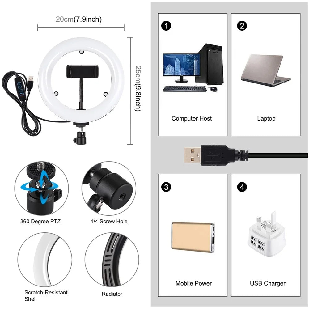 PULUZ PU502 7.9-inch 20cm USB 3 Modes Dimmable Dual Color Temperature LED Curved Light Selfie Photography Video Ring Lights with Mirror - 2