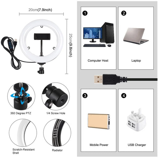 PULUZ PU502 7.9-inch 20cm USB 3 Modes Dimmable Dual Color Temperature LED Curved Light Selfie Photography Video Ring Lights with Mirror - 2