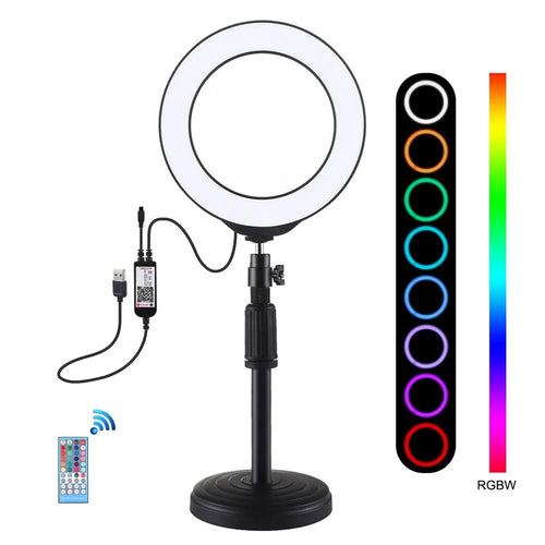 PULUZ PKT3074B 6.2-inch 16cm RGBW Light + Round Base Desktop Mount USB Dimmable LED Ring Lights with Tripod & Remote Control - 1