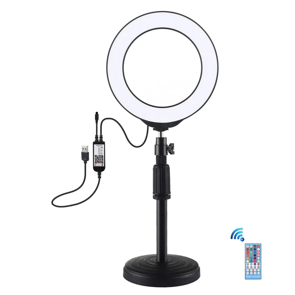 PULUZ PKT3074B 6.2-inch 16cm RGBW Light + Round Base Desktop Mount USB Dimmable LED Ring Lights with Tripod & Remote Control - 2