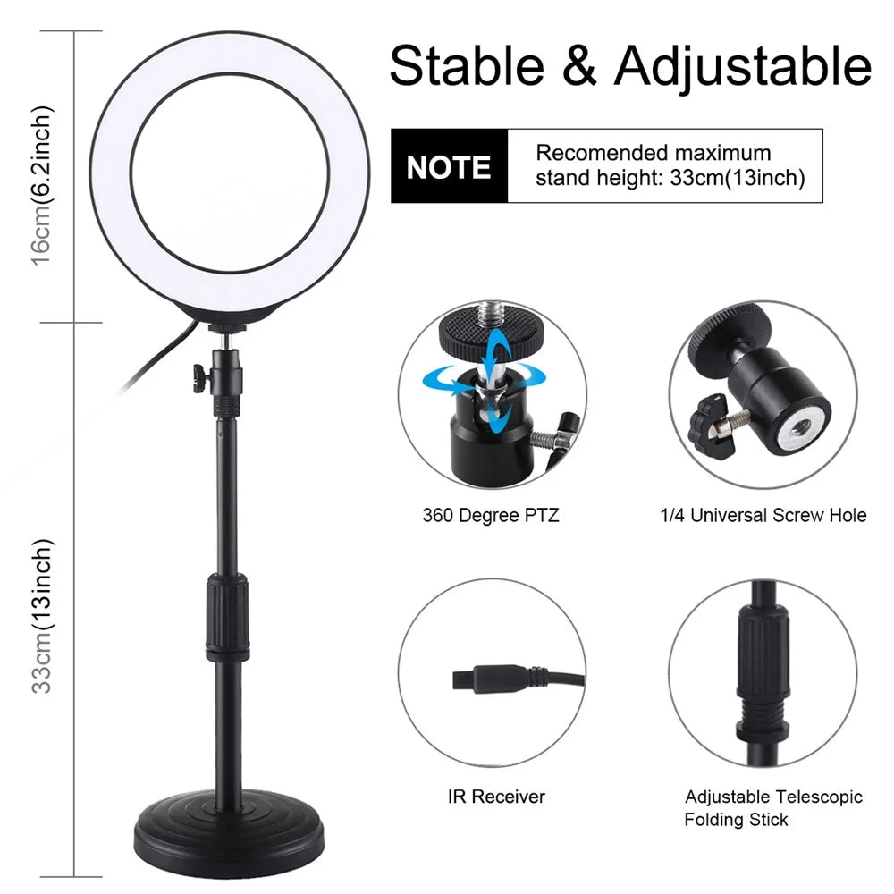 PULUZ PKT3074B 6.2-inch 16cm RGBW Light + Round Base Desktop Mount USB Dimmable LED Ring Lights with Tripod & Remote Control - 3