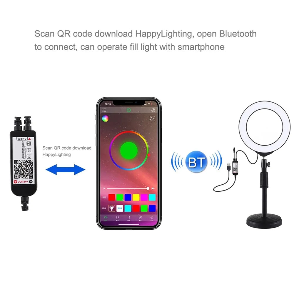 PULUZ PKT3074B 6.2-inch 16cm RGBW Light + Round Base Desktop Mount USB Dimmable LED Ring Lights with Tripod & Remote Control - 6