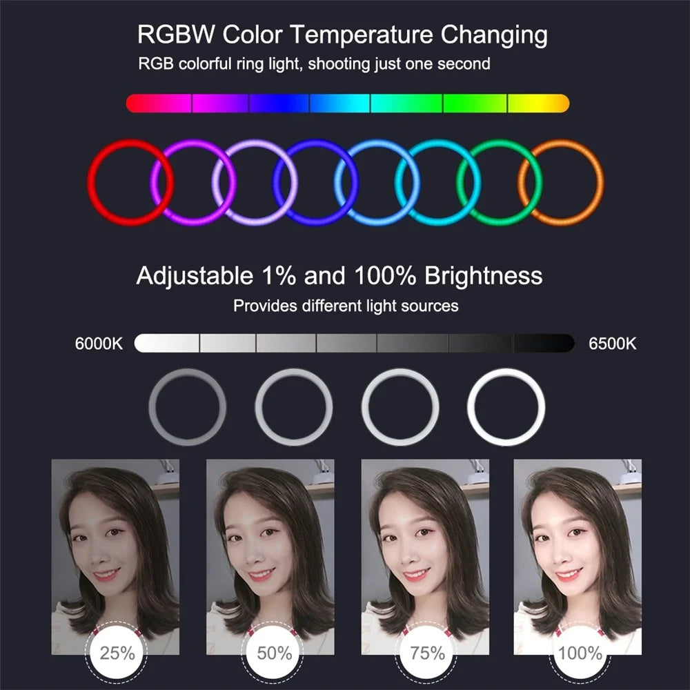 PULUZ PKT3074B 6.2-inch 16cm RGBW Light + Round Base Desktop Mount USB Dimmable LED Ring Lights with Tripod & Remote Control - 7