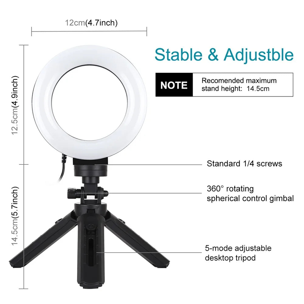PULUZ PKT3058B 4.7-inch 12cm USB 3 Modes Dimmable Vlogging Photography Video LED Ring Lights + Tripod Mount Kit - 3