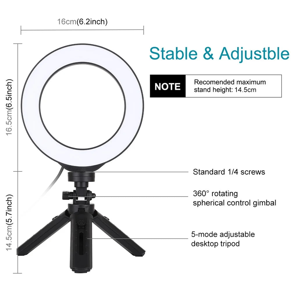 PULUZ PKT3059B 6.2-inch 16cm USB 3 Modes Dimmable Vlogging Photography Video LED Ring Lights + Tripod Mount Kit - 3