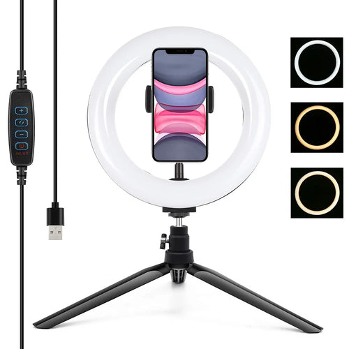 PULUZ PKT3073B 7.9-inch 20cm Ring Light + Desktop Tripod Mount USB 3 Modes Dimmable Dual Color Temperature Vlogging Selfie Photography LED Ring Lights with Phone Clamp - 1
