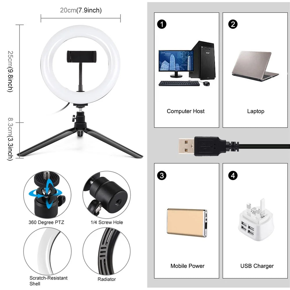 PULUZ PKT3073B 7.9-inch 20cm Ring Light + Desktop Tripod Mount USB 3 Modes Dimmable Dual Color Temperature Vlogging Selfie Photography LED Ring Lights with Phone Clamp - 3