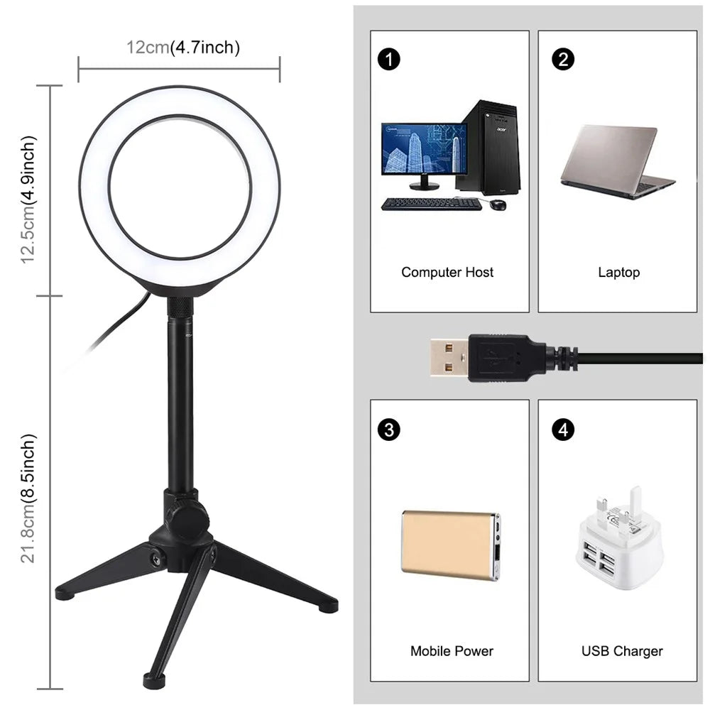 PULUZ 4.7-inch 12cm Ring Light + Desktop Tripod Selfie Stick Mount USB White Light LED Ring Vlogging Photography Video Lights Kits - 3
