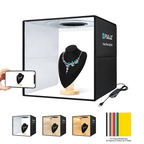 PULUZ PU5041B Foldable 40cm Photo Studio LED Ring Light Box Dimmable Desktop Shooting Tent Photography Softbox with 12 Colors Background - 1