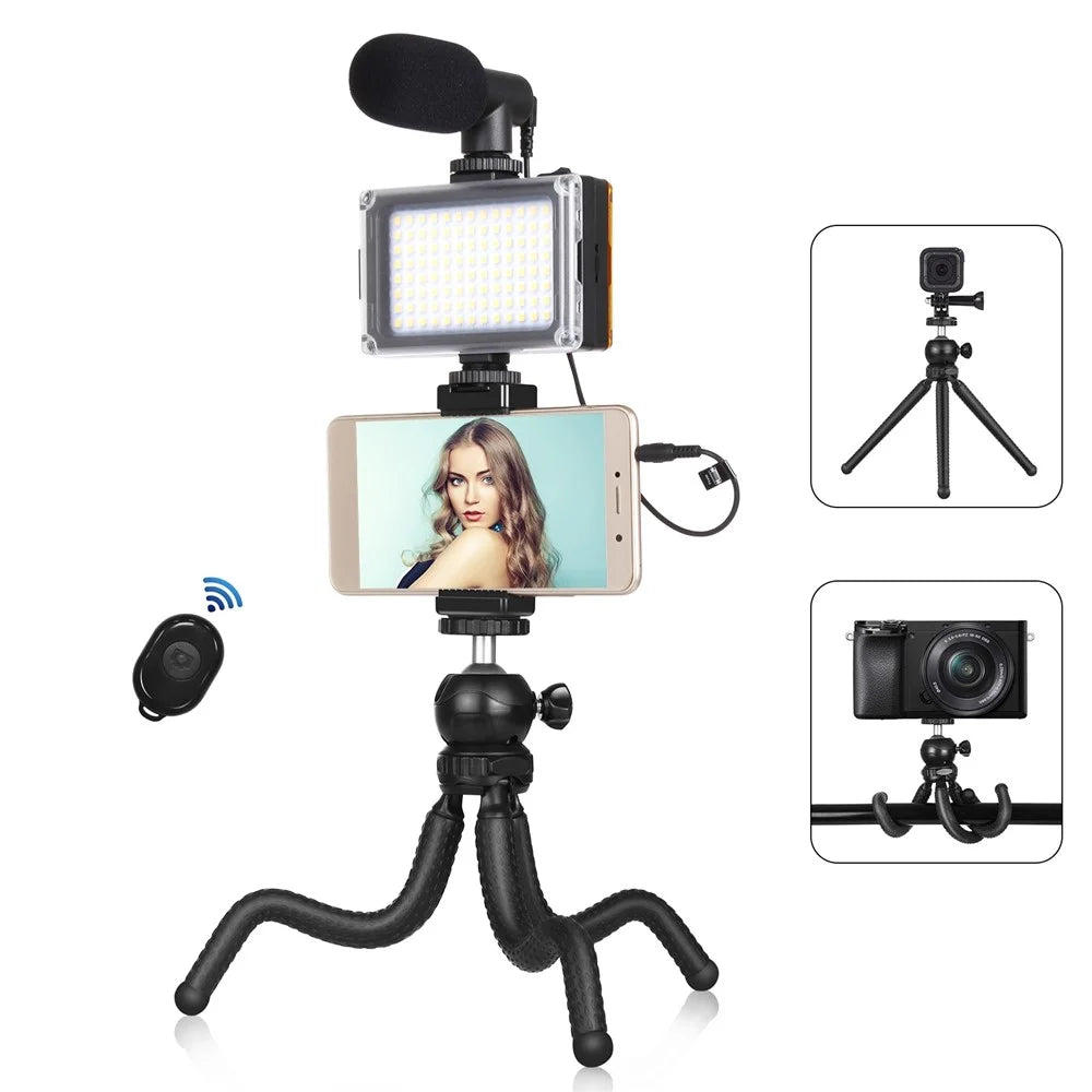 PULUZ PKT3094B Flexible Octopus Tripod Phone Camera Holder Live Streaming Tools Kit with Fill Light Microphone - 1