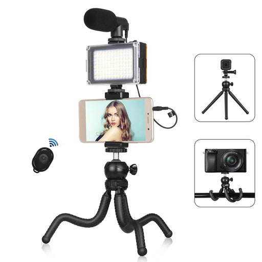 PULUZ PKT3094B Flexible Octopus Tripod Phone Camera Holder Live Streaming Tools Kit with Fill Light Microphone - 1