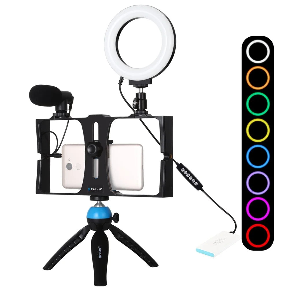 PULUZ PKT3085 Handheld Cage Frame Ring Light Set Cell Phone Photography Accessories with Tripod/Microphone for Live Streaming - Blue - 1