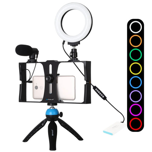 PULUZ PKT3085 Handheld Cage Frame Ring Light Set Cell Phone Photography Accessories with Tripod/Microphone for Live Streaming - Blue - 1