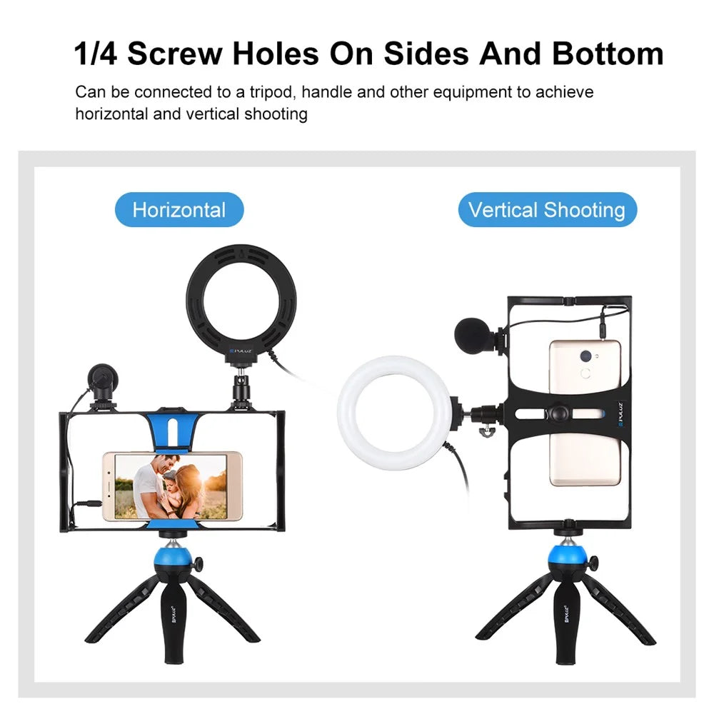 PULUZ PKT3085 Handheld Cage Frame Ring Light Set Cell Phone Photography Accessories with Tripod/Microphone for Live Streaming - Blue - 6