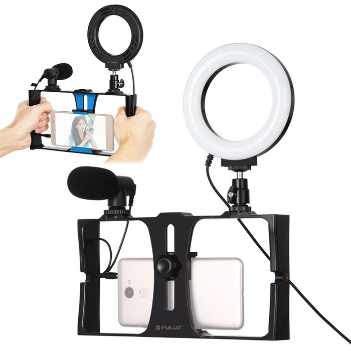 PULUZ PKT3027 Photography Kit Ring LED Light Video Rig Camera Cold Shoe Head with Microphone for Livestream Tik Tok Broadcasting Selfies - Blue - 1