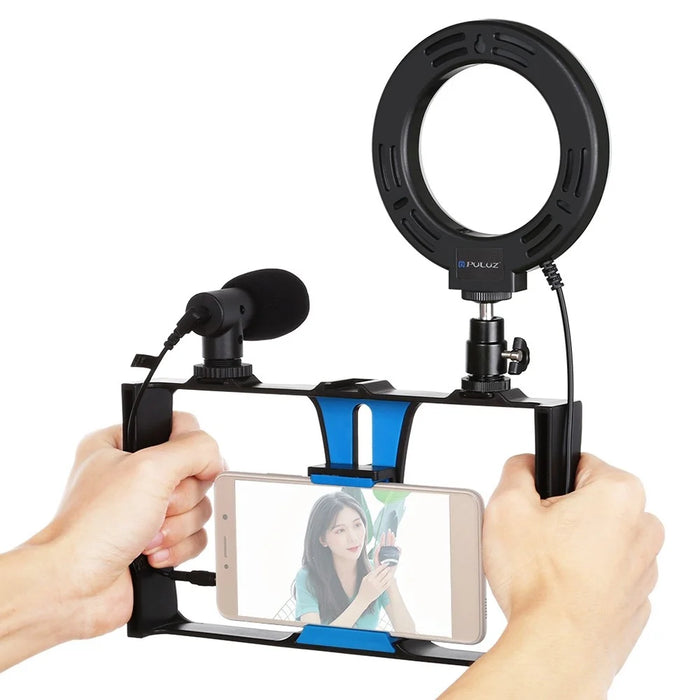 PULUZ PKT3027 Photography Kit Ring LED Light Video Rig Camera Cold Shoe Head with Microphone for Livestream Tik Tok Broadcasting Selfies - Blue - 2