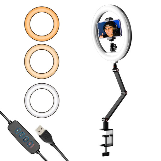 APEXEL APL-FL20 10-inch Multi-angle Adjustable Fill Light USB Desktop Selfie Ring Light 3 Color Mode Video Light with Stand, Phone Holder - 1