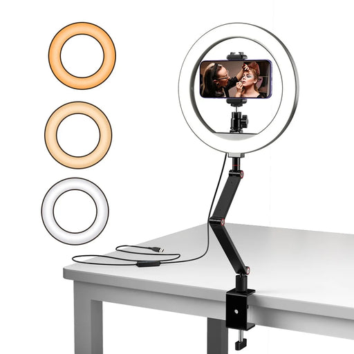 APEXEL APL-FL20 10-inch Multi-angle Adjustable Fill Light USB Desktop Selfie Ring Light 3 Color Mode Video Light with Stand, Phone Holder - 2
