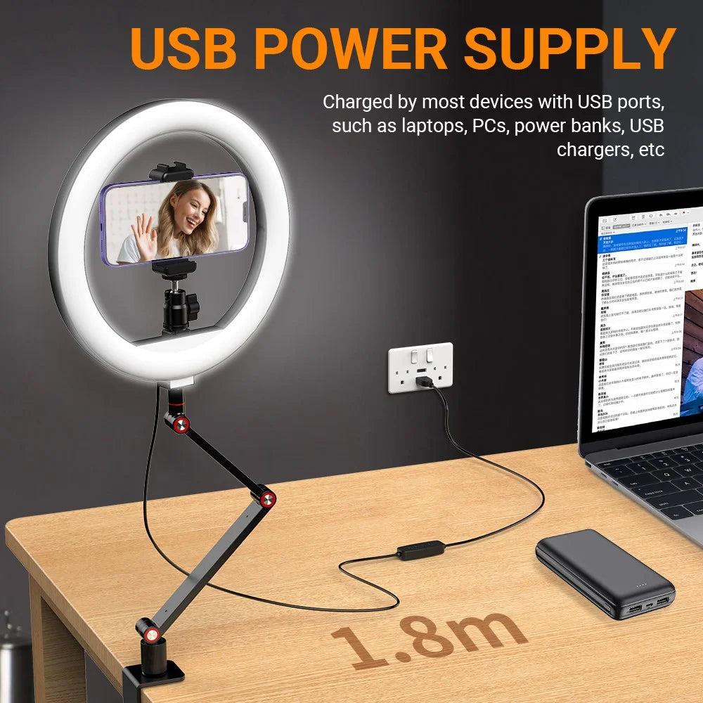 APEXEL APL-FL20 10-inch Multi-angle Adjustable Fill Light USB Desktop Selfie Ring Light 3 Color Mode Video Light with Stand, Phone Holder - 3