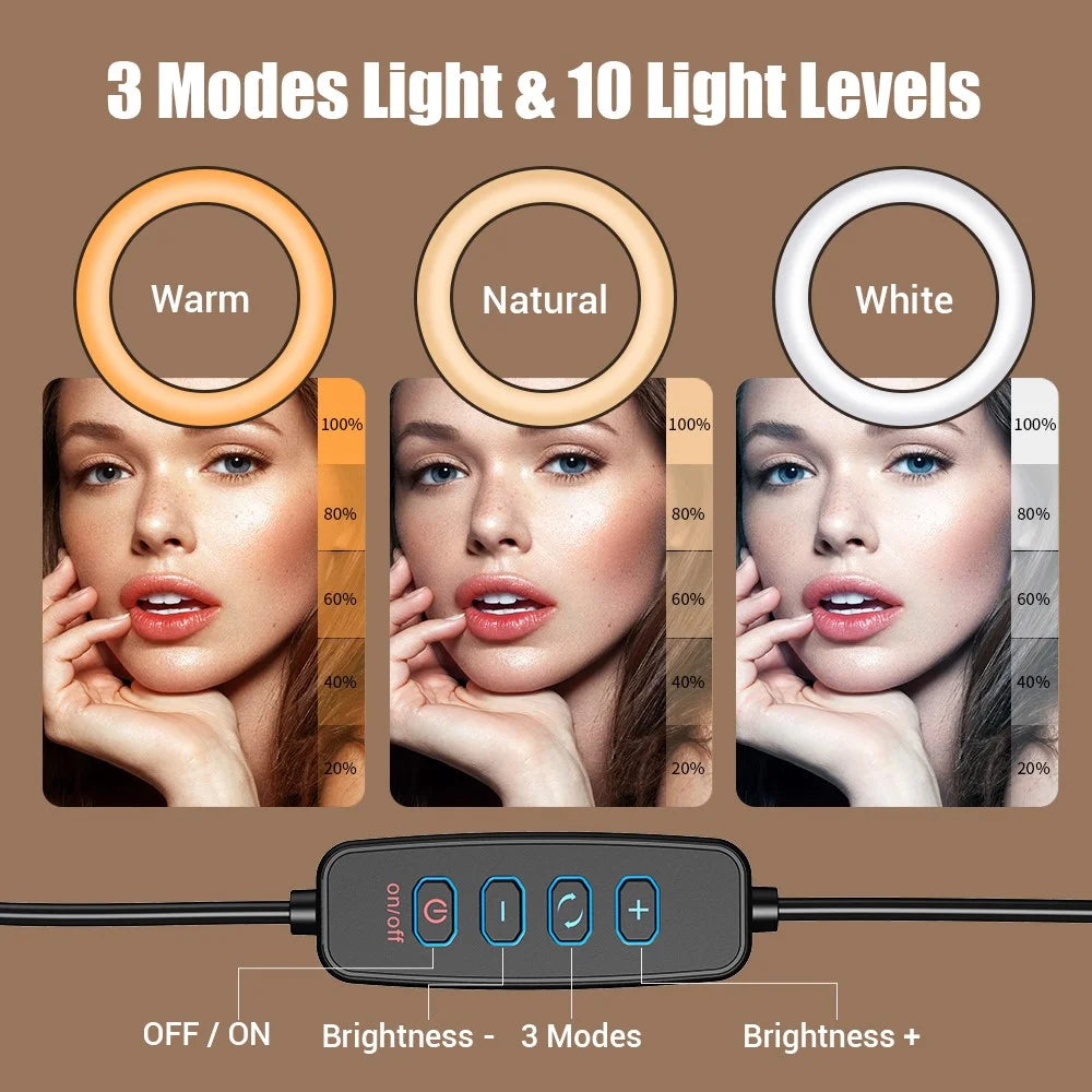 APEXEL APL-FL20 10-inch Multi-angle Adjustable Fill Light USB Desktop Selfie Ring Light 3 Color Mode Video Light with Stand, Phone Holder - 4