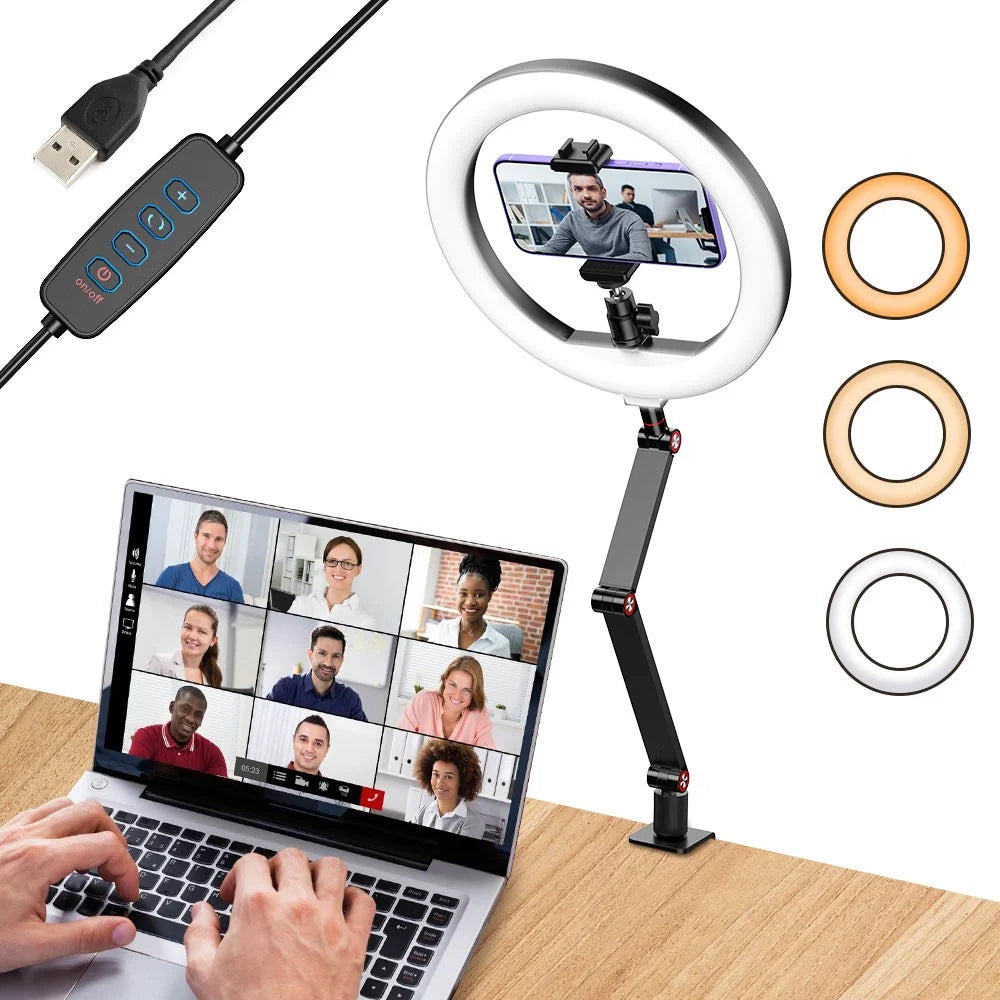 APEXEL APL-FL20 10-inch Multi-angle Adjustable Fill Light USB Desktop Selfie Ring Light 3 Color Mode Video Light with Stand, Phone Holder - 7