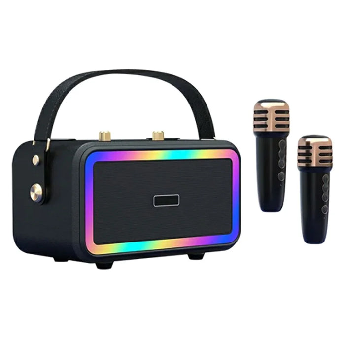 M3201 Home Karaoke Retro Bluetooth-compatible Speaker RGB Light Loudspeaker with 2 Microphones - Black - 1