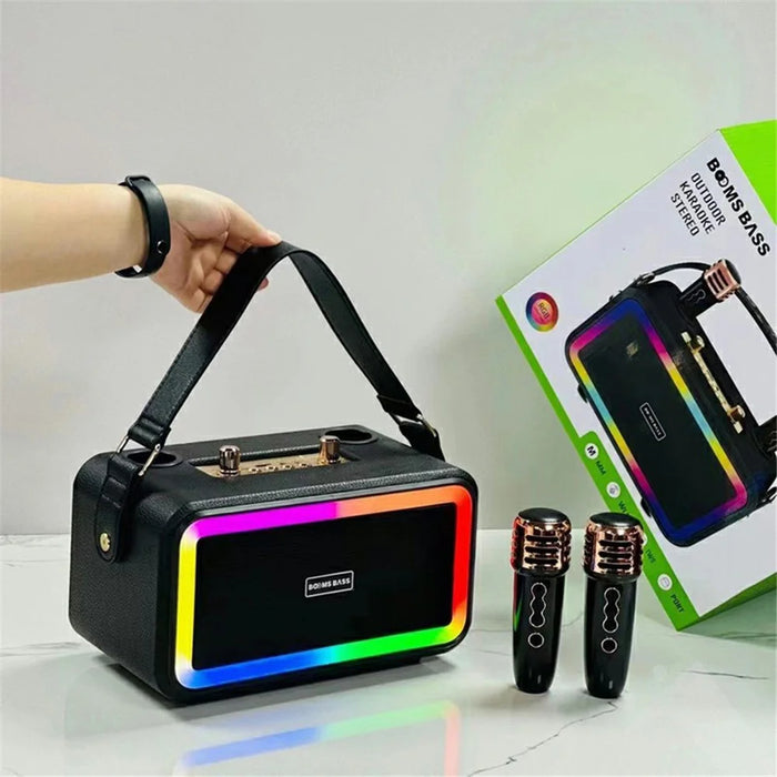 M3201 Home Karaoke Retro Bluetooth-compatible Speaker RGB Light Loudspeaker with 2 Microphones - Black - 7