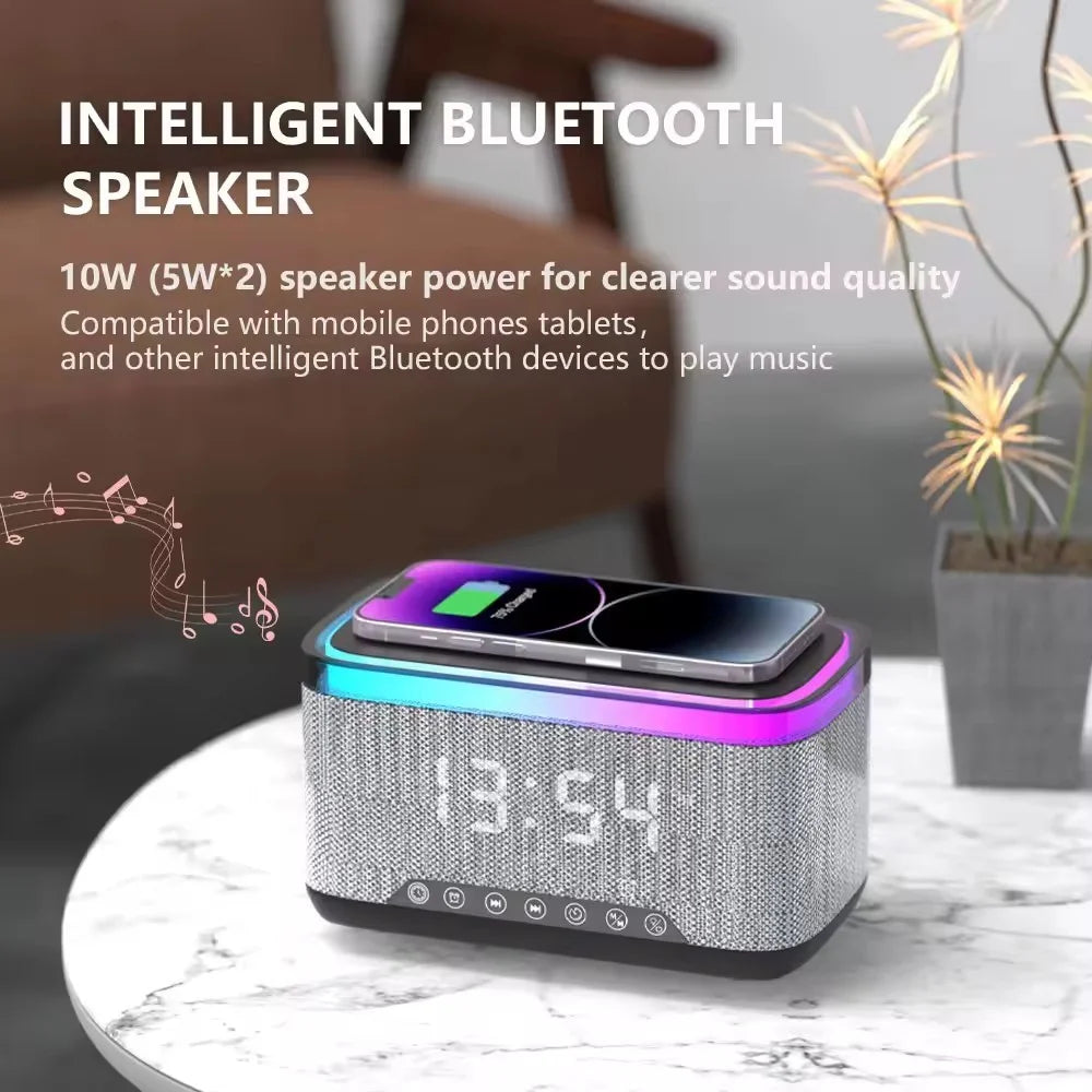 S300 Bluetooth-compatible Speaker Digital Alarm Clock 10W Wireless Charger Music Subwoofer with Colorful Light - White - 3