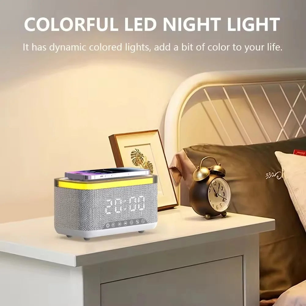 S300 Bluetooth-compatible Speaker Digital Alarm Clock 10W Wireless Charger Music Subwoofer with Colorful Light - White - 4