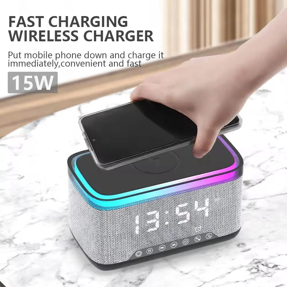 S300 Bluetooth-compatible Speaker Digital Alarm Clock 10W Wireless Charger Music Subwoofer with Colorful Light - White - 5