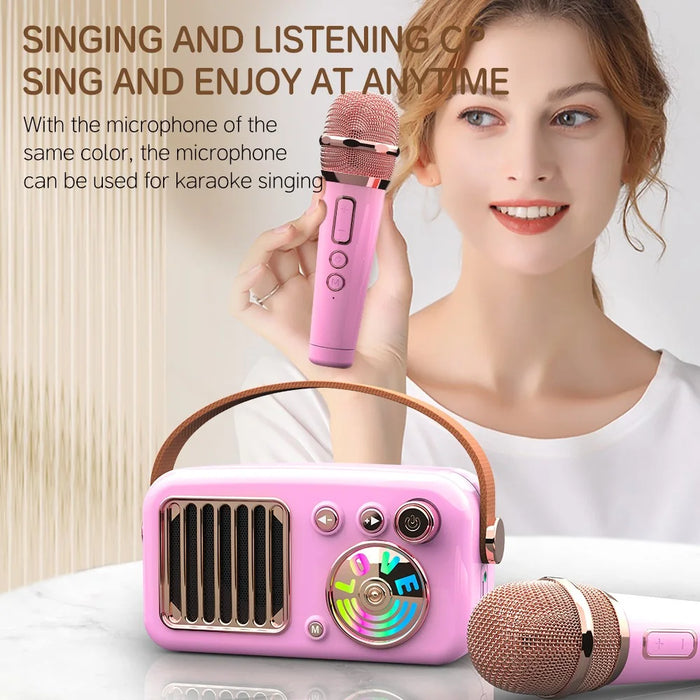 CYBORIS T4 Portable Retro Children Karaoke Speaker 15W Home Entertainment Bluetooth-compatible Speaker with 2 Microphones - Pink - 4