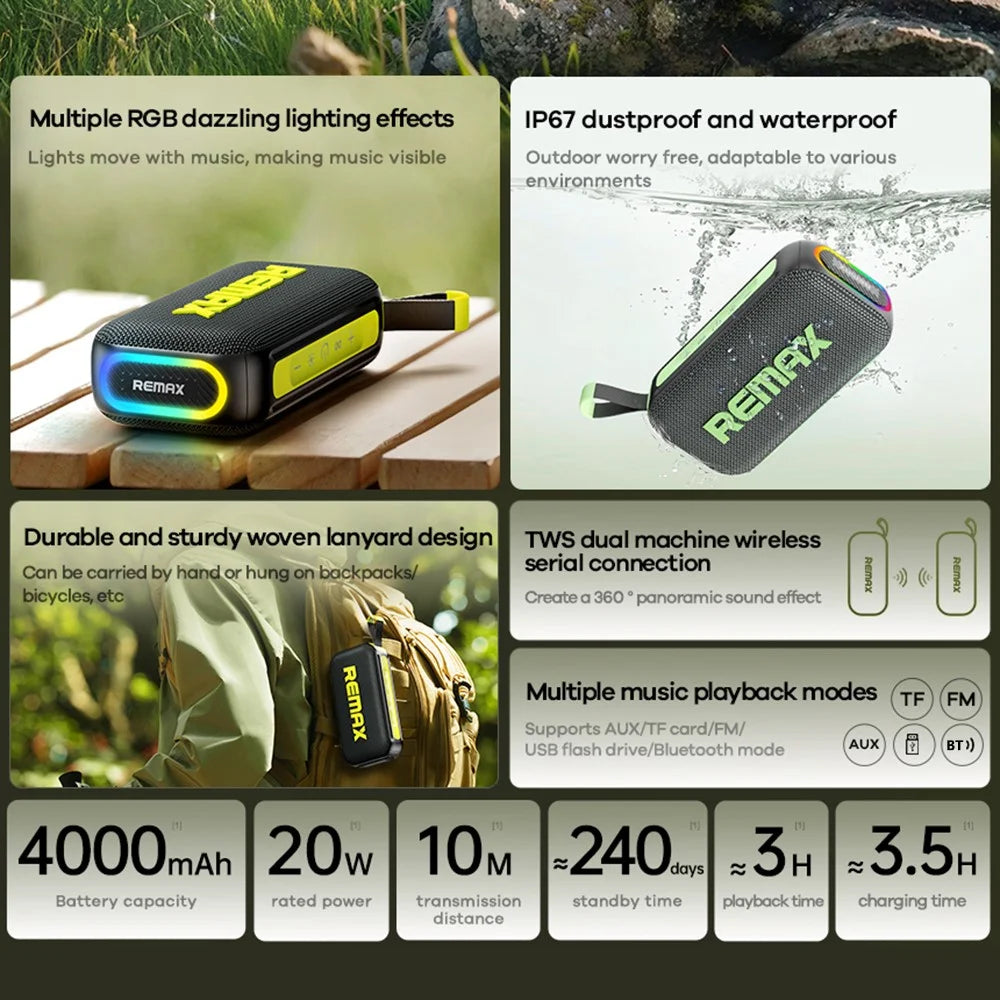 REMAX RB-M10 20W Portable Wireless Bluetooth-compatible Speaker IP67 Waterproof with LED Light 4000mAh Battery - Black - 2
