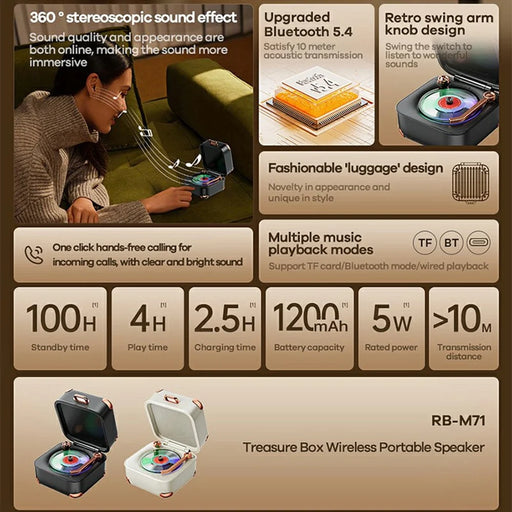REMAX RB-M71 Portable Wireless Bluetooth-compatible Speaker Retro Suitcase Design Stereo Sound Speaker - Beige - 2