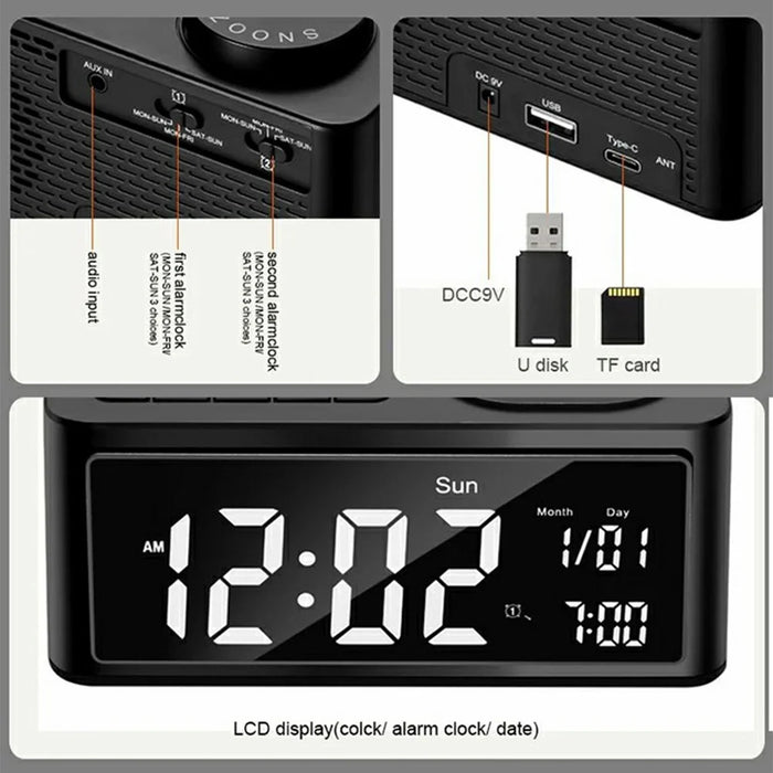 H7 Multifunctional Wireless Charging Bluetooth-compatible Speaker Clock Radio FM Radio with USB Charging - Black  /  US Plug - 4