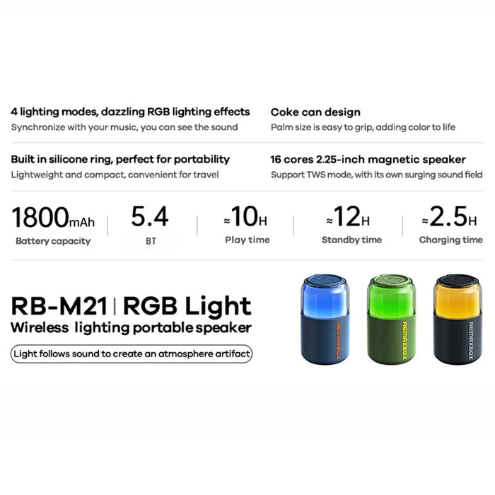 REMAX RB-M21 TWS Portable Wireless Bluetooth-Compatible Speaker with 4 RGB Lighting Mode - Blue - 3