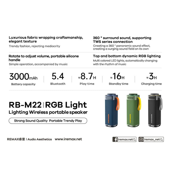 REMAX RB-M22 Portable Wireless Bluetooth-Compatible Speaker with RGB Lighting TWS Pairing - Blue - 4