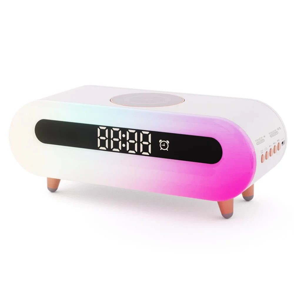 S608 Multifunctional Wireless Speaker Clock Bedside Lamp with Wireless Charging RGB Night Light - White - 1