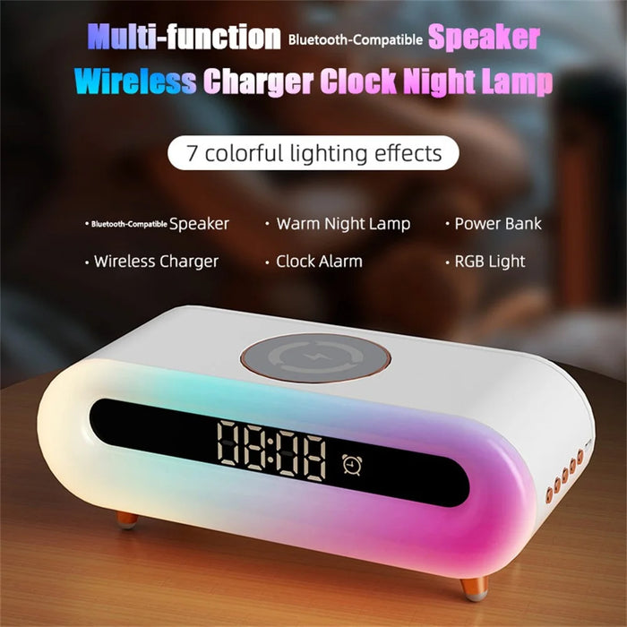 S608 Multifunctional Wireless Speaker Clock Bedside Lamp with Wireless Charging RGB Night Light - White - 3