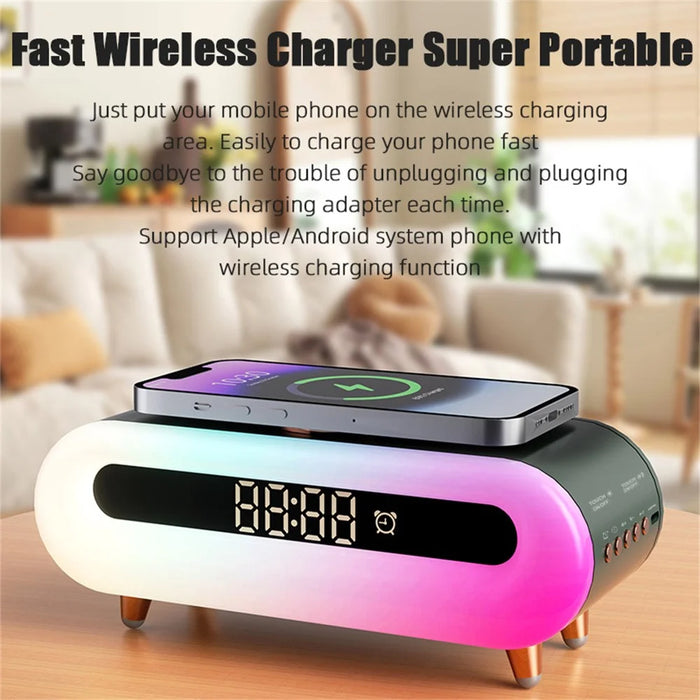 S608 Multifunctional Wireless Speaker Clock Bedside Lamp with Wireless Charging RGB Night Light - White - 4