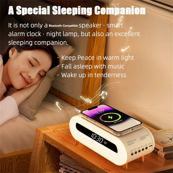 S608 Multifunctional Wireless Speaker Clock Bedside Lamp with Wireless Charging RGB Night Light - White - 7