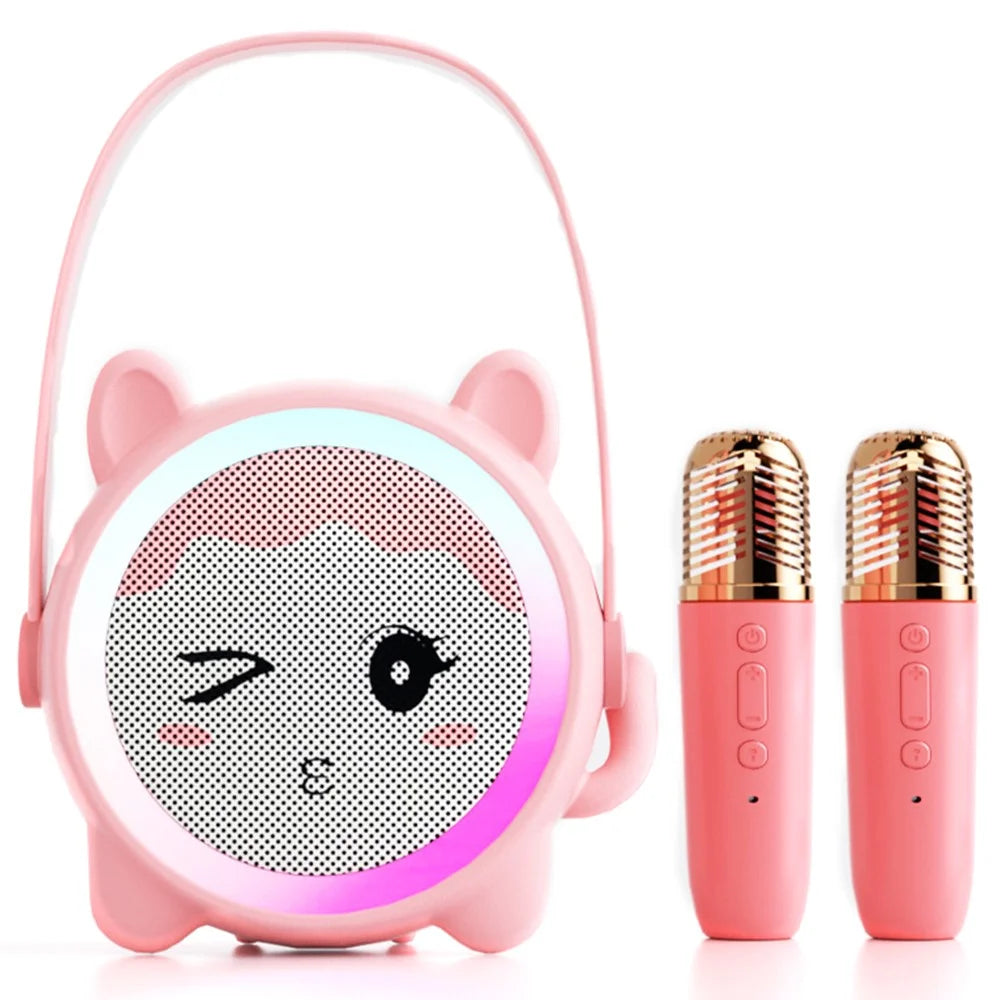 K12 Wireless Speaker Karaoke Set with 2 Microphones for Kids Cartoon Cute Design BT Audio System - Pink Cat - 1