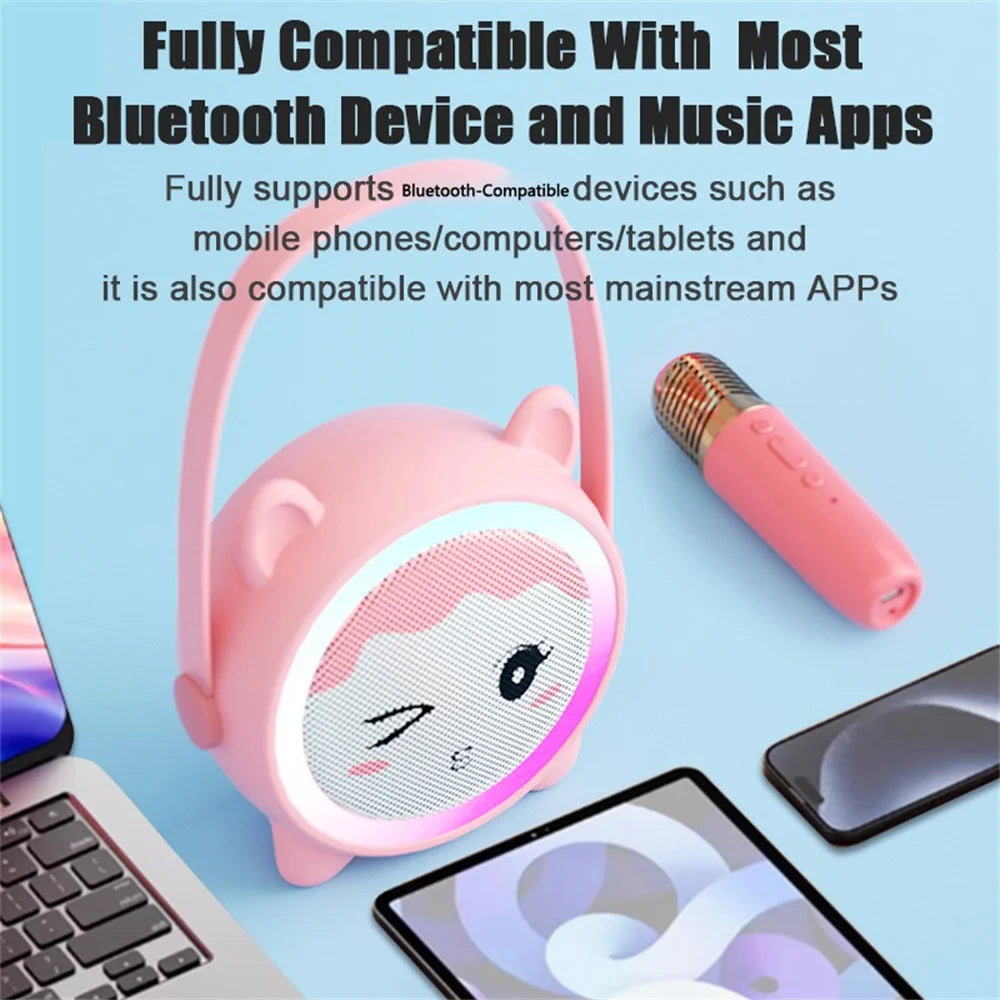 K12 Wireless Speaker Karaoke Set with 2 Microphones for Kids Cartoon Cute Design BT Audio System - Pink Cat - 7