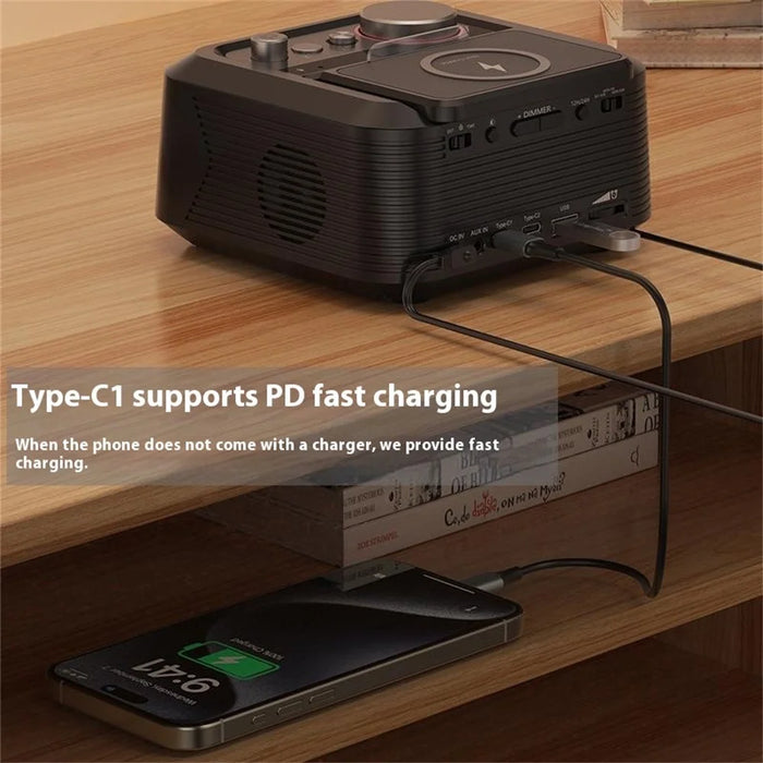 Q7 15W Wireless Charger Bluetooth-Compatible Speaker Night Light FM Radio Bedside Alarm Clock with Dual Type C Ports - 4