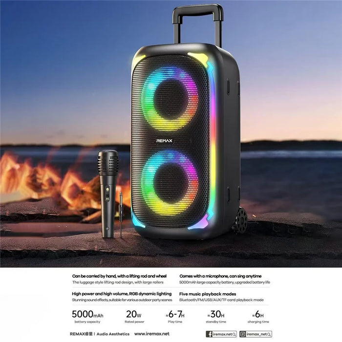 REMAX RB-X2 20W Bluetooth-Compatible Karaoke Speaker with Trolley Handle and Microphone RGB Lighting for Outdoor Party - 2