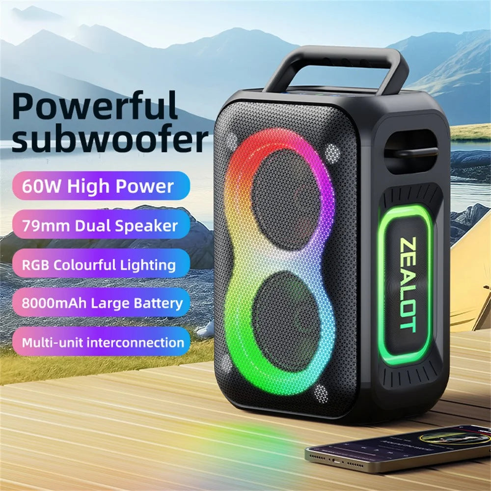 ZEALOT-PT02 Portable Bluetooth-Compatible Speaker RGB Light 60W Enhanced Bass Waterproof Loudspeaker - Black - 4