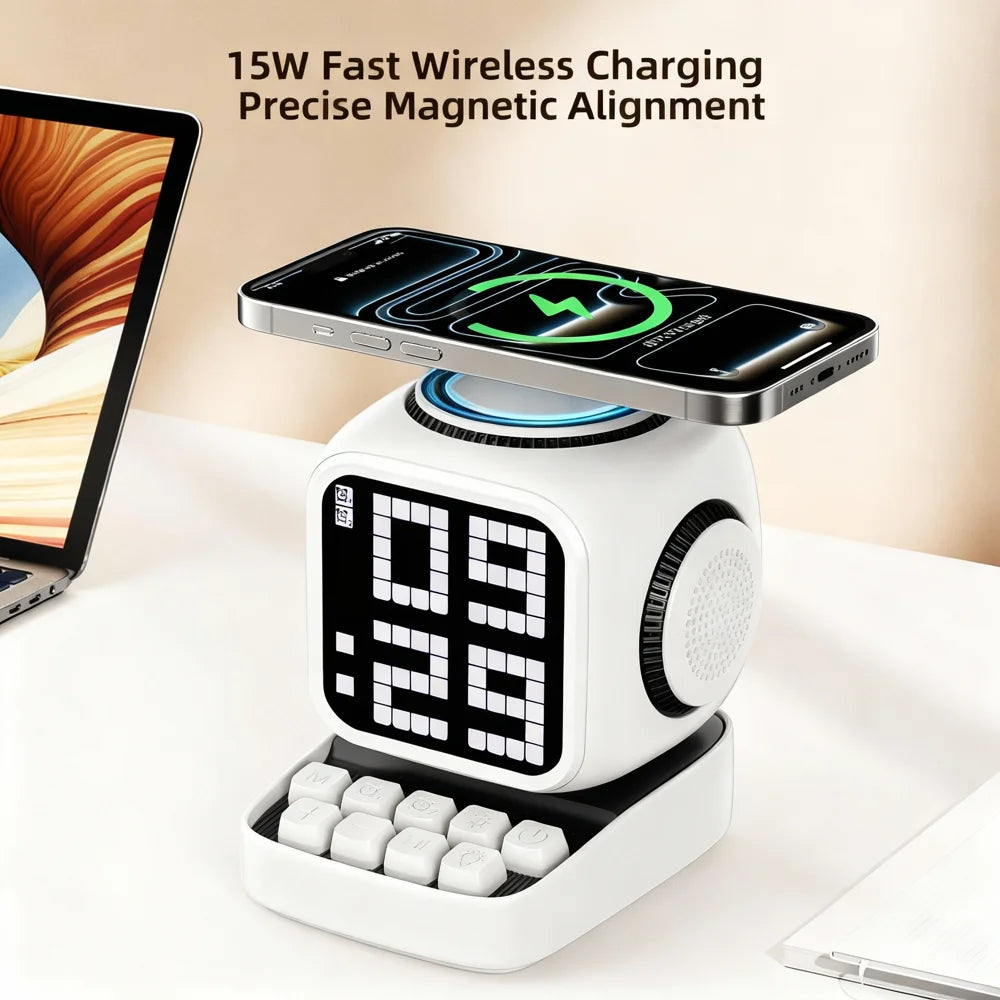 Magnetic Wireless Charger Bluetooth Speaker LED Display Clock with AI Voice Dialogue, US Plug - White - 3