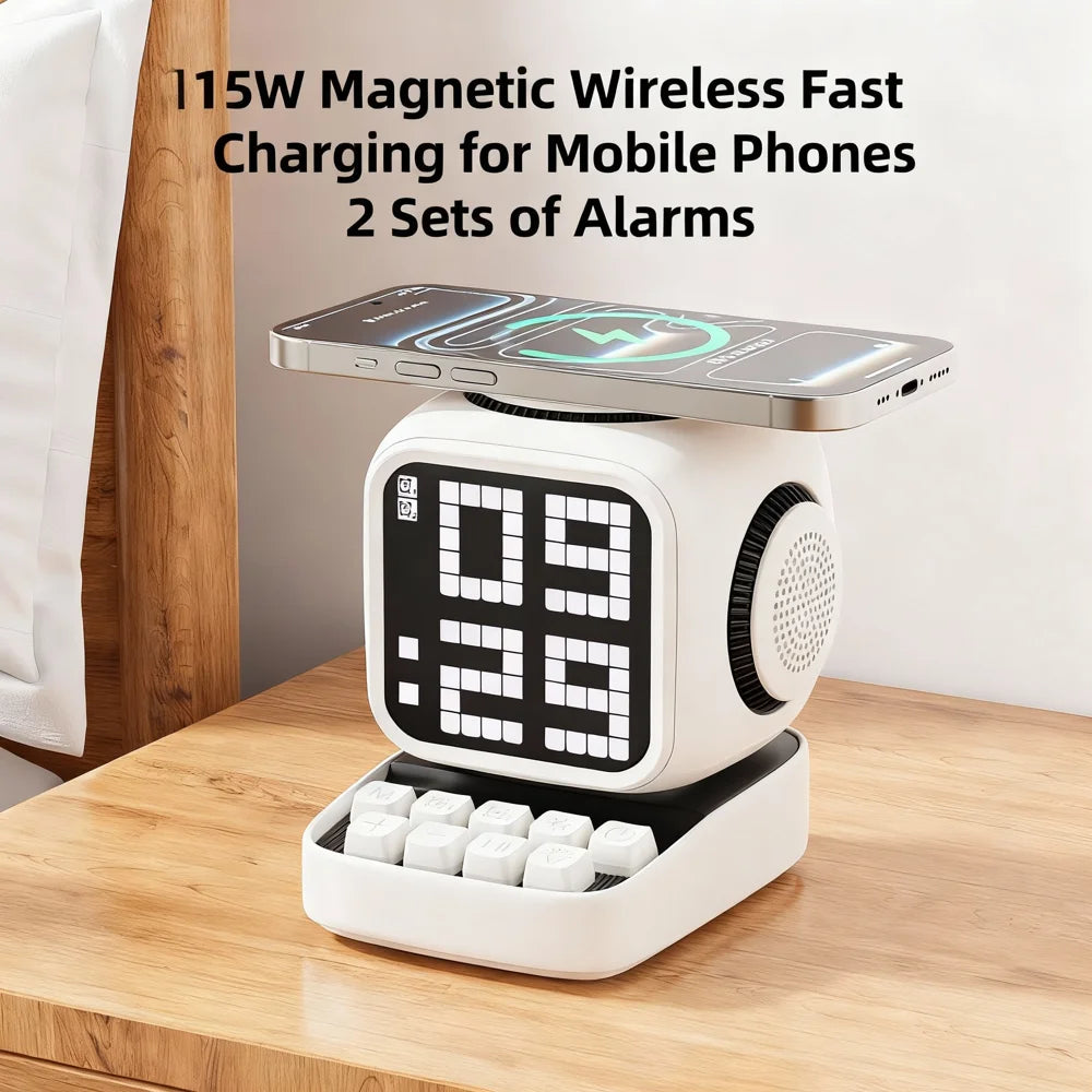 Magnetic Wireless Charger Bluetooth Speaker LED Display Clock with AI Voice Dialogue, US Plug - White - 4